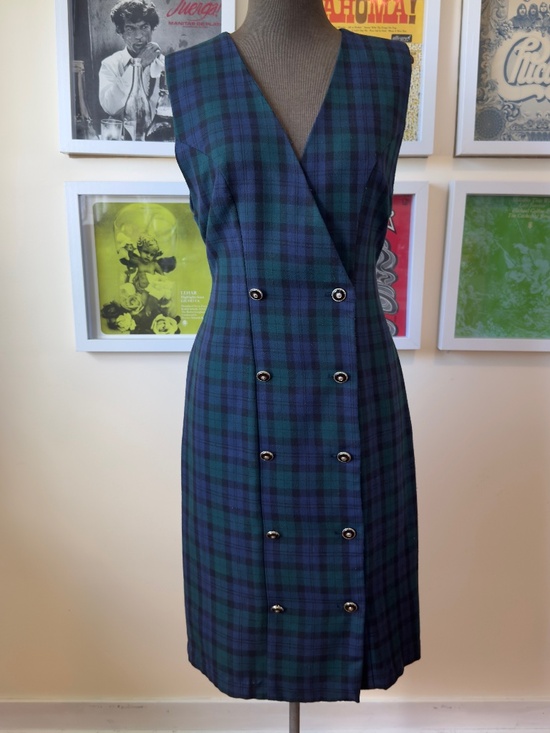 Vintage Dresses & Skirts - Vintage 90s Plaid Sleeveless Sheath Dress | Double-Breasted Preppy Tartan Midi